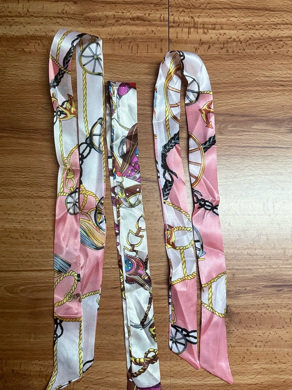 Satin Set of 3 Silky Pink Chain & Equestrian Print Scarf Ribbon Hair Tie - Picture 2 of 4